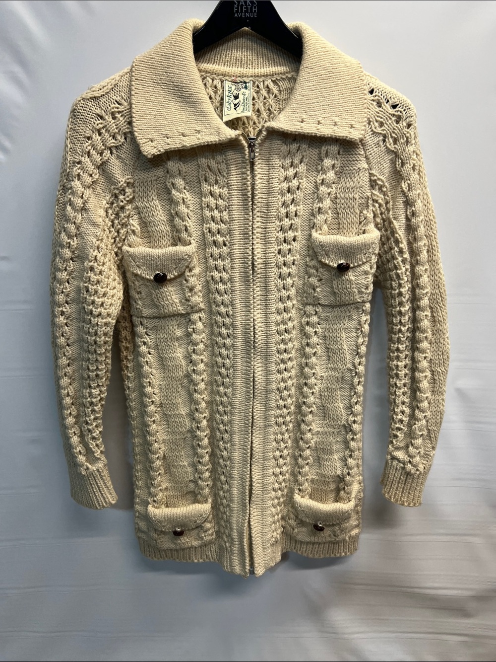 Vintage Lady Knit Donegal Handcraft 100% Wool Irish Cable Knit Cardigan Jacket